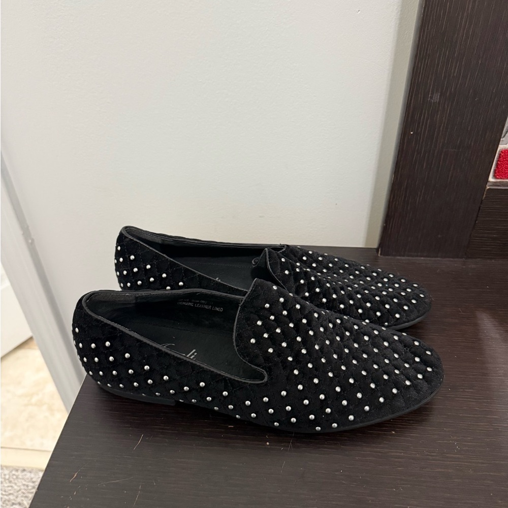 Black Velvet Loafers with Studded Details